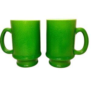 Vintage Hazel Atlas Milk Glass Mug Pair Lime Green Textured MCM Cups 4.75" Tall